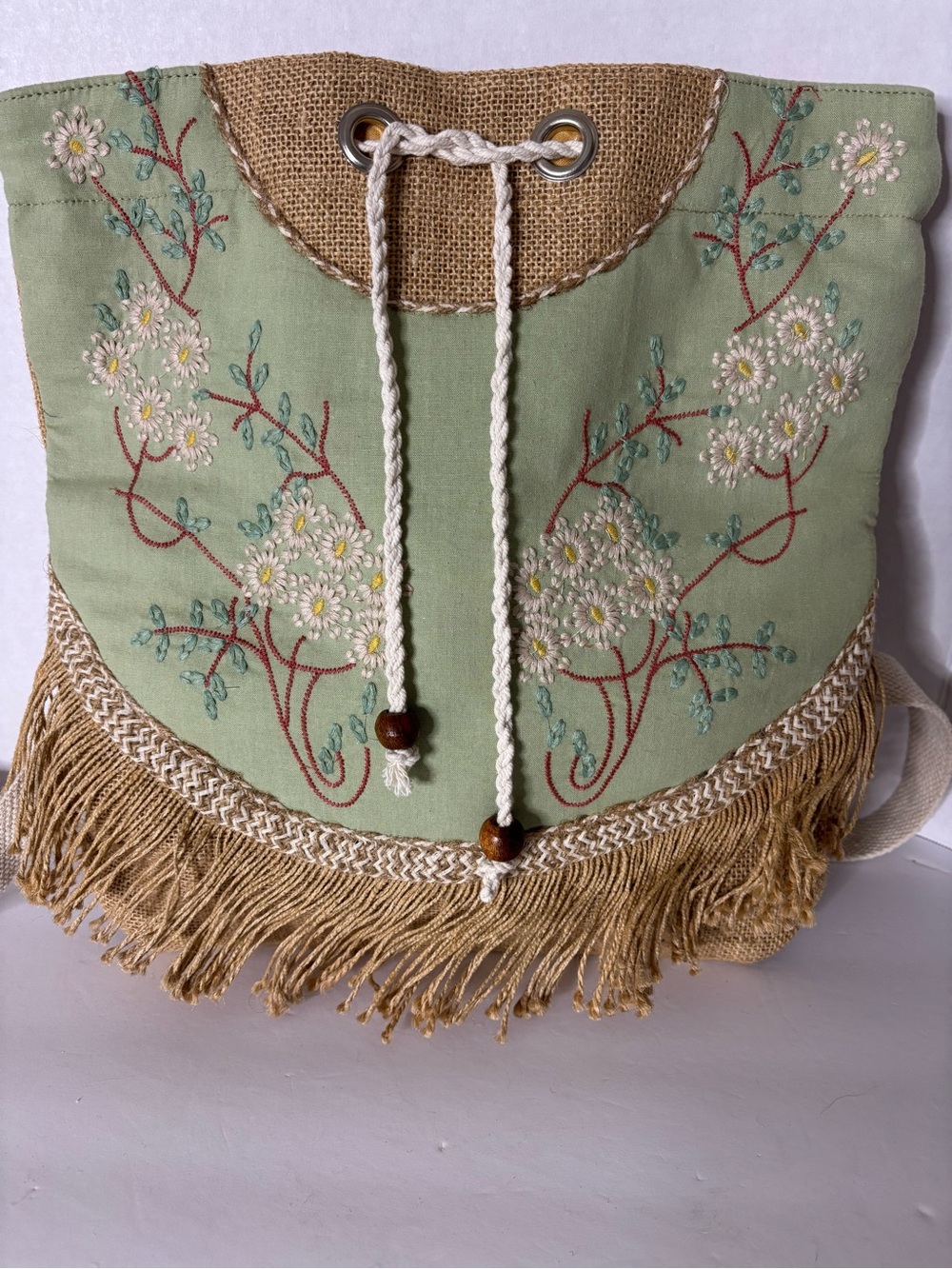 Mint Green Embroidered Fringe Drawstring Backpack
